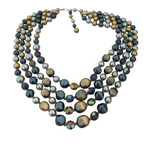 1950s Triple Strand Japan Beaded Necklace Bib blue gold 4 strands